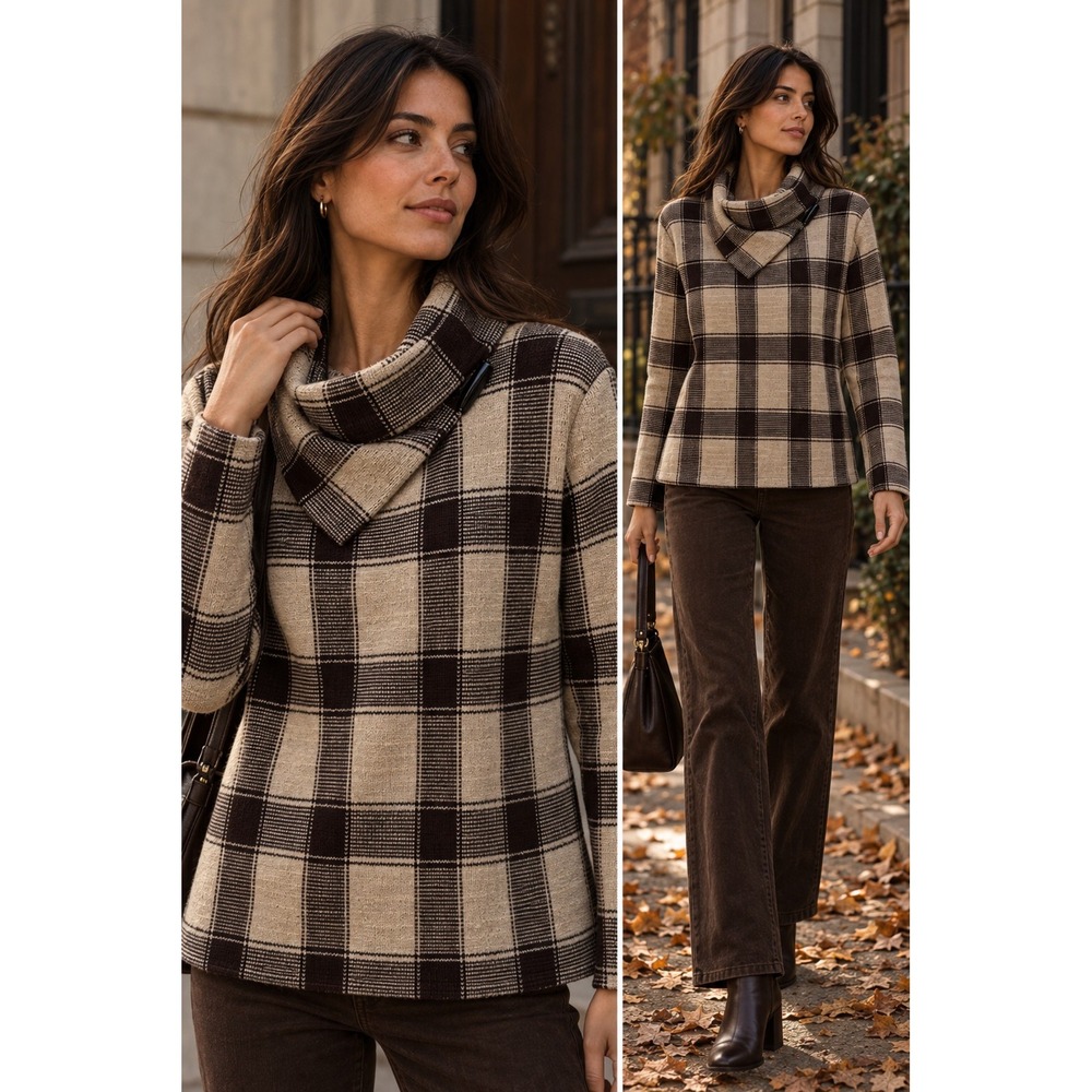 Lauren Ralph Lauren Womens Brown Plaid Cowl Neck Sweater Jacket Heritage Prep L